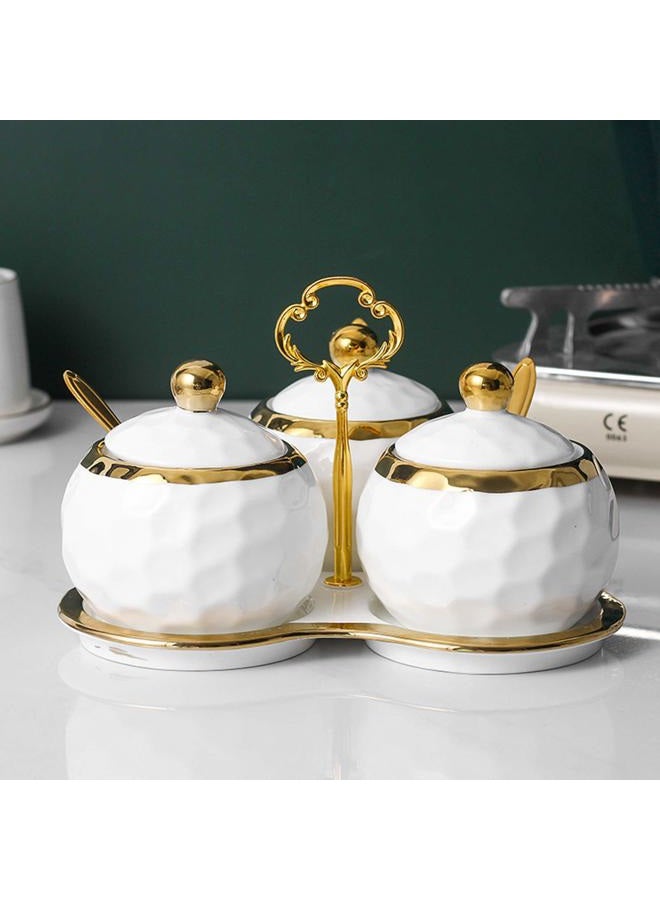 BIHOIB Golf Porcelain Sugar Bowl Condiment Pot Salt Container with Lid, Spoon and Tray, Set of 3, Modern Spice Box Seasoning Jar, White and Gold - Image 3