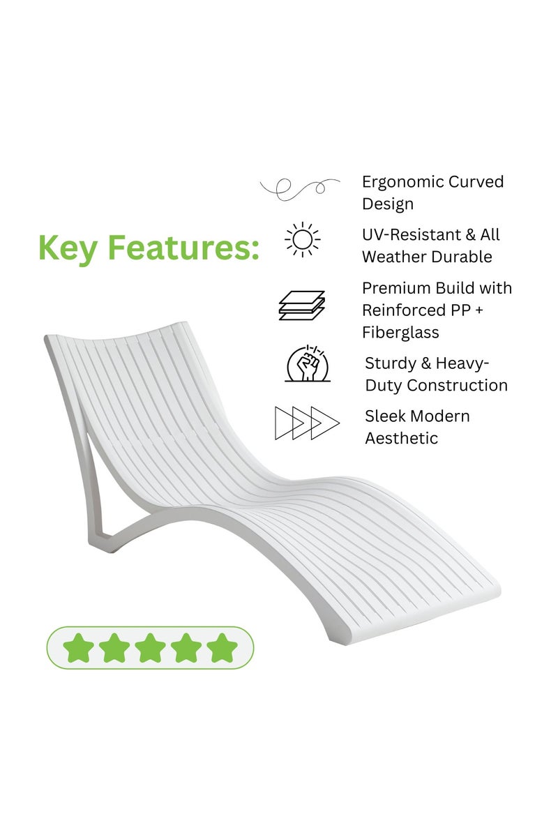 ماركولو طقم كراسي استرخاء خارجي من 3 قطع – 2 كراسي استرخاء + 1 طاولة جانبية – مقاوم للأشعة فوق البنفسجية والعوامل الجوية – بلاستيك فاخر مقوى بالألياف الزجاجية (أبيض، 176×73×74 سم) - Image 4