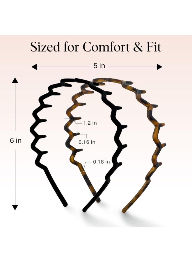 Kitsch Zig Zag Headbands for Women – Fashion Accessories for Slicked Back Styles - Comfortable Wavy Headbands | Comb Headband with Teeth - Black and Tortoise - 2 pcs - Image 5