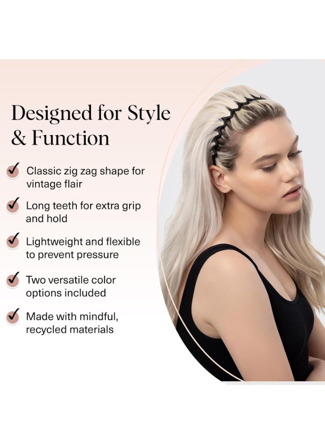 Kitsch Zig Zag Headbands for Women – Fashion Accessories for Slicked Back Styles - Comfortable Wavy Headbands | Comb Headband with Teeth - Black and Tortoise - 2 pcs - Image 4