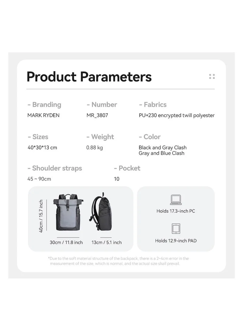 Mark Ryden  MARK RYDEN 3807 Expandable Roll Cover, Hydrophobic Fabric, Organized Storage with Stylish Design 17Inch Backpack (Black and Gray)  | Best Price UAE