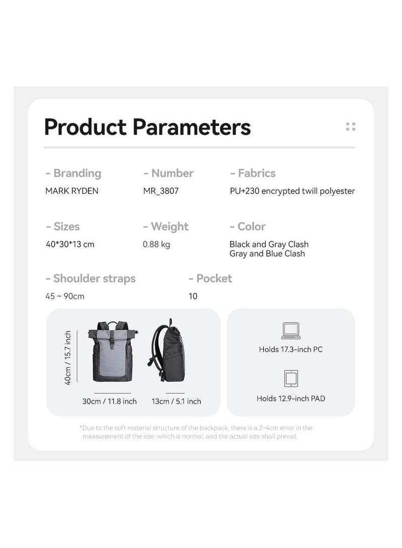MARK RYDEN 3807 Expandable Roll Cover, Hydrophobic Fabric, Organized Storage with Stylish Design 17Inch Backpack (Black and Gray) - Image 4