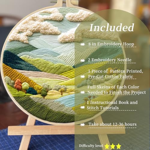 FONNUY Embroidery Kit for Beginners, Nature Hills Landscape Pre-Stamped Pattern Kits for Adults with Hoop, Easy to Follow Color Thread Needlework, 8'' Hoop (Rolling Mountains) - Image 2