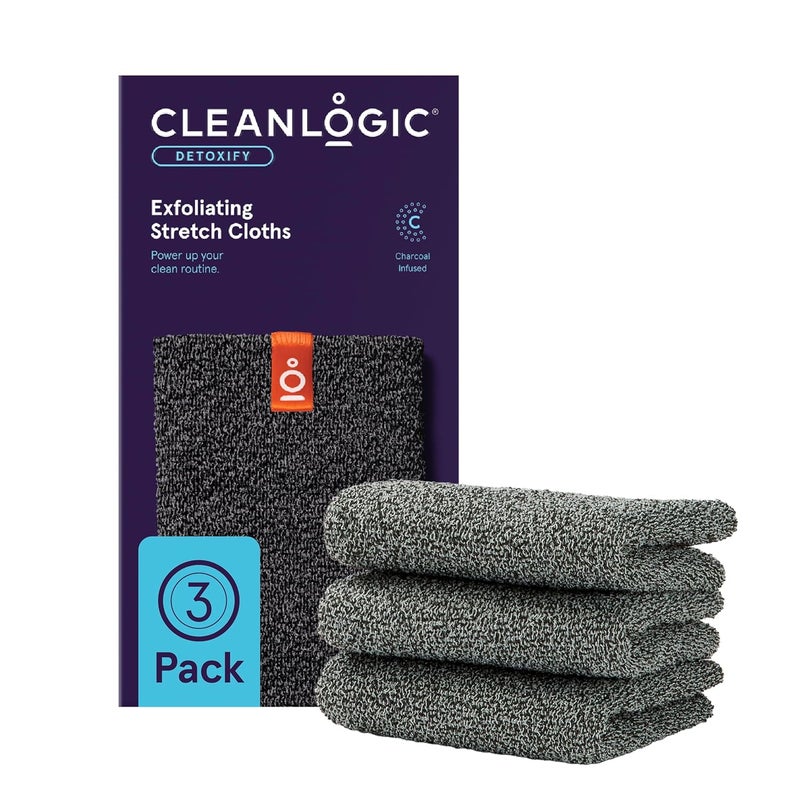 Clean Logic Body Exfoliating Cloth, Stretchy Detox Charcoal Infused Exfoliator Bath and Shower Washcloths, Reusable Daily Skincare Tool, 3 Count Value Pack - Image 1