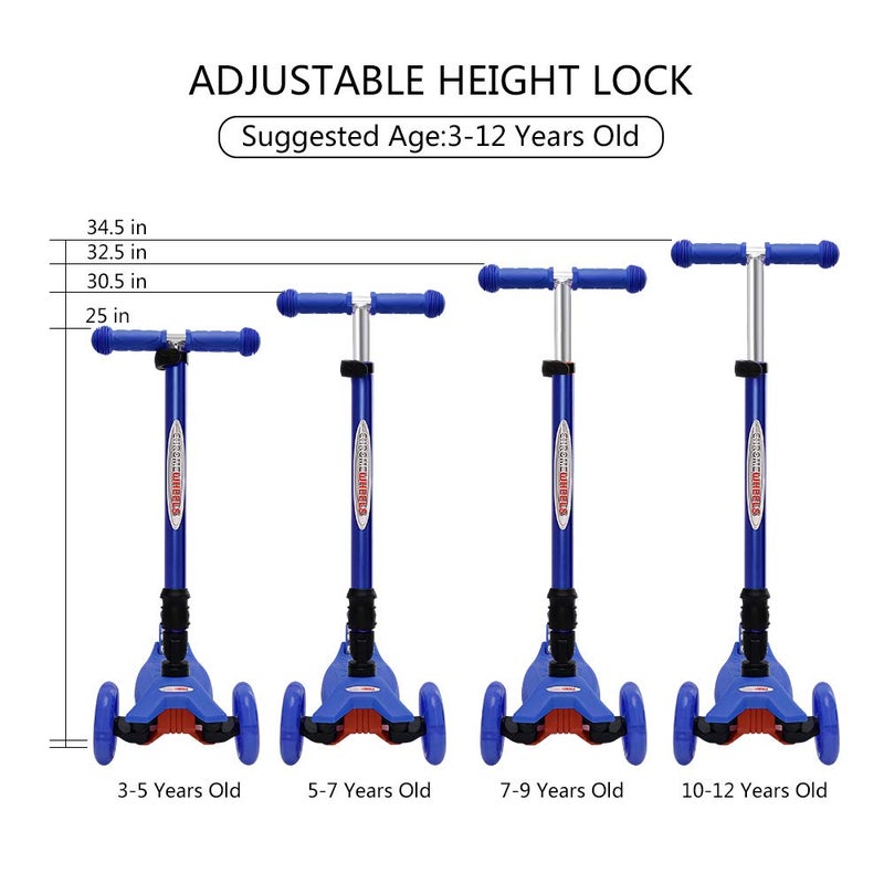 ChromeWheels Foldable Scooters for Kids, Deluxe Kick Scooter 4 Adjustable Height 132lbs Weight Limit 3 Wheel, Lean to Steer LED Light Up Wheels, Best Gifts for Girls Boys Age 3-12 Year Old, Blue