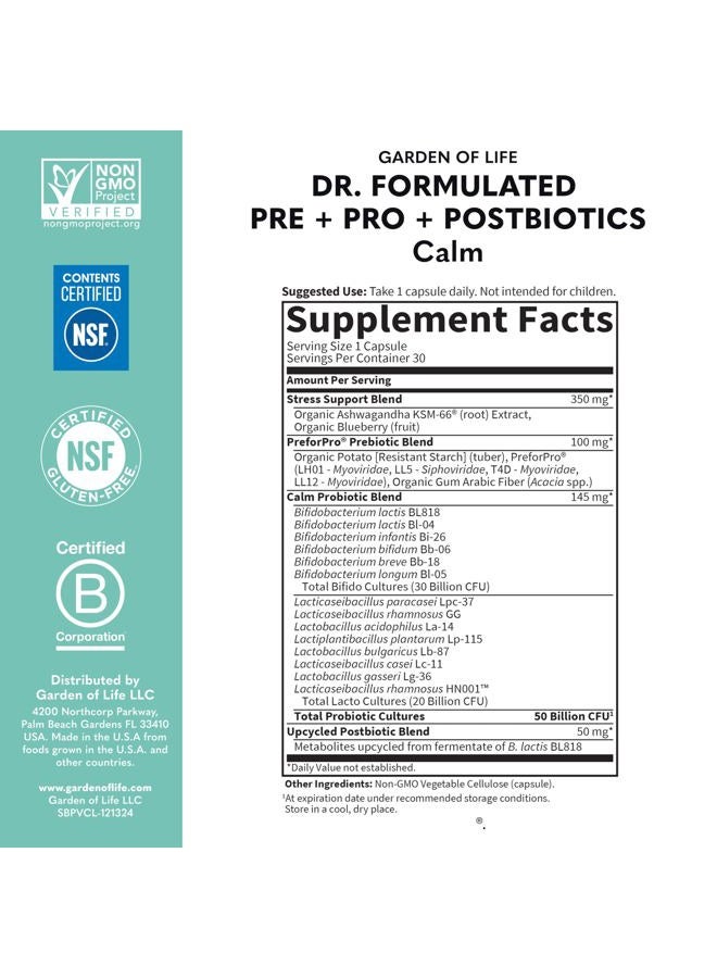Garden of Life Dr Formulated Calm Daily 3-in-1 Complete Probiotics, Prebiotics & Postbiotics with Ashwagandha - PRE + PRO + POSTBIOTIC Supplement for Immune, Digestive & Mood Support - 30 Day Supply - Image 5