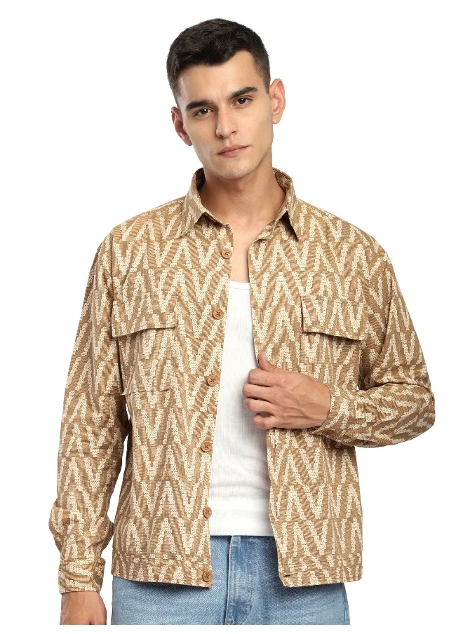 بيونغ Sand Brown Chevron Printed Shacket
