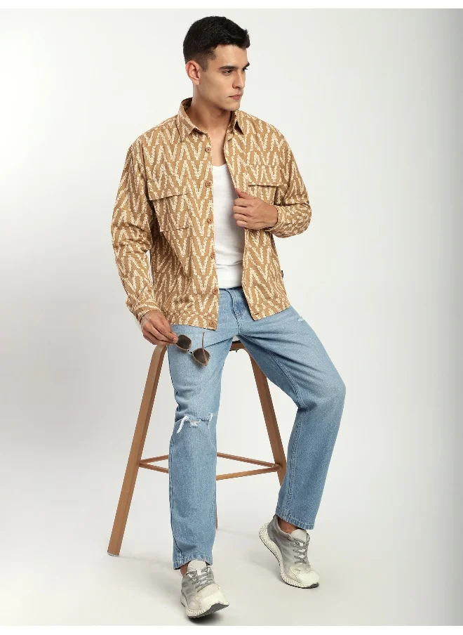 بيونغ Sand Brown Chevron Printed Shacket
