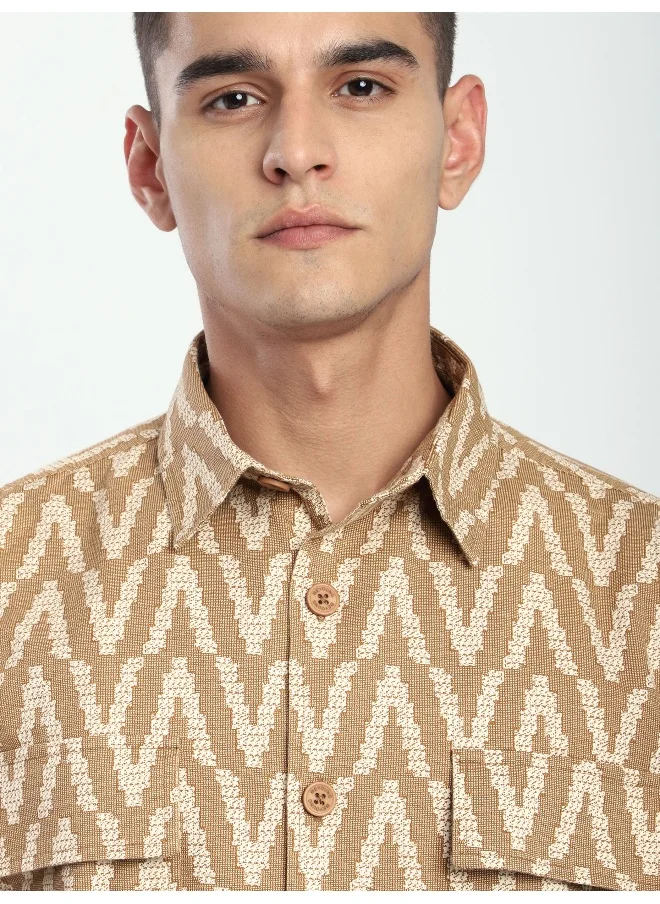 بيونغ Sand Brown Chevron Printed Shacket