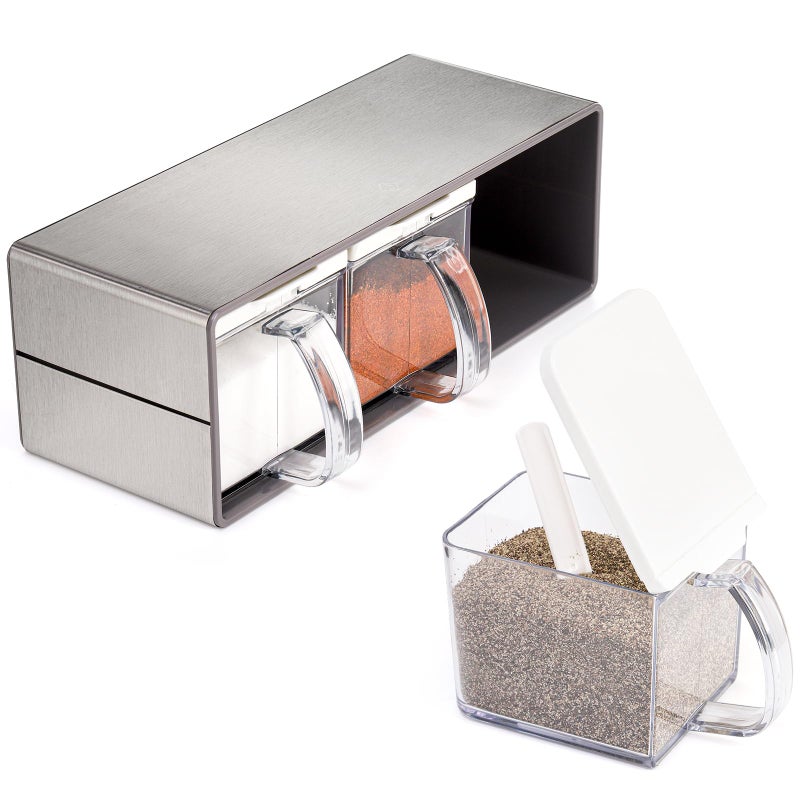 ZENFUN 3 Grids Seasoning Organizer Box Stainless Steel Salt Container with Lid and Spoon Seasoning Containers with Stainless Steel Rack for Home Kitchen Cafe Storing Salt Sugar Pepper Spice