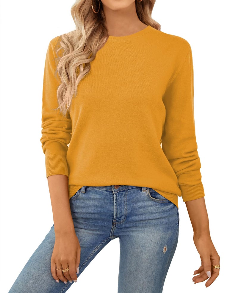 QUALFORT Women's 100% Cotton Sweater Crewneck Long Sleeve Knitted Sweaters Yellow Medium - Image 1