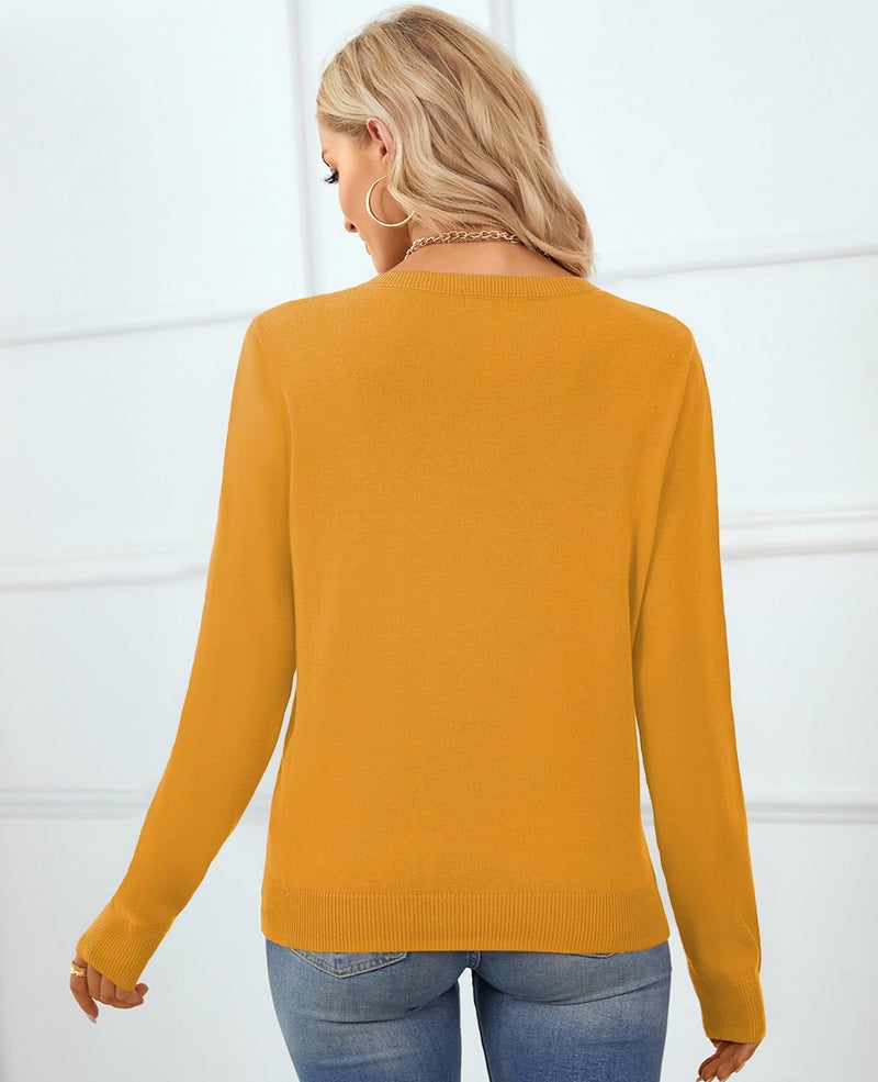 QUALFORT Women's 100% Cotton Sweater Crewneck Long Sleeve Knitted Sweaters Yellow Medium - Image 2