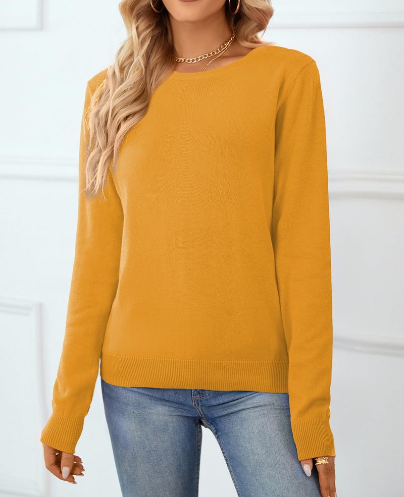 QUALFORT Women's 100% Cotton Sweater Crewneck Long Sleeve Knitted Sweaters Yellow Medium - Image 4