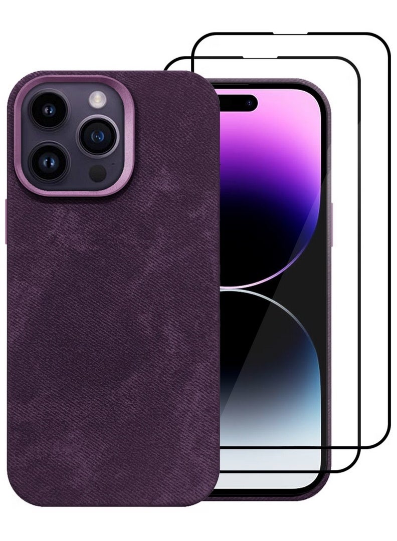 CATANES 3Packs iPhone 14 Pro Max Alcantara Case Cover Premium Quality Luxurious Soft Touch Protection with Metal Camera Frame with Two 3D Screen Protectors - Dark Purple - Image 2
