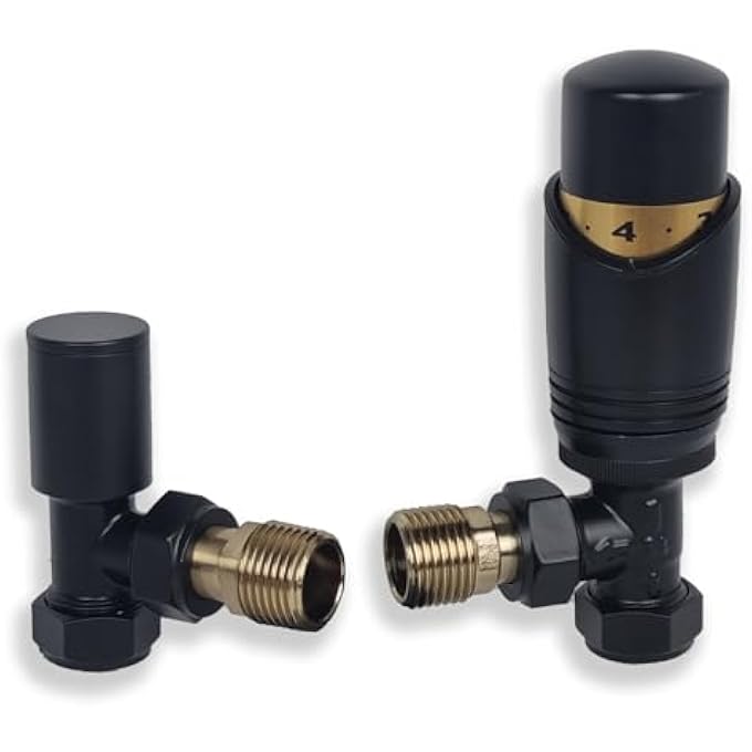 BLACK RADIATOR VALVES - THERMOSTATIC RADIATOR VALVE SET FOR A VERTICAL RADIATOR - ANGLED RADIATOR VALVES INCLUDING AN ANGLED TRV & LOCKSHIELD VALVE | CALDO - Image 1