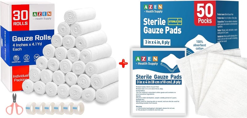 AZEN 30 Pack Gauze Rolls Bandages 4 in x 41 Yards  50 Pack Sterile Gauze Pads 3 x 4 8Ply Cotton Gauzes Sponges for Wound Care and First Aids - Image 1