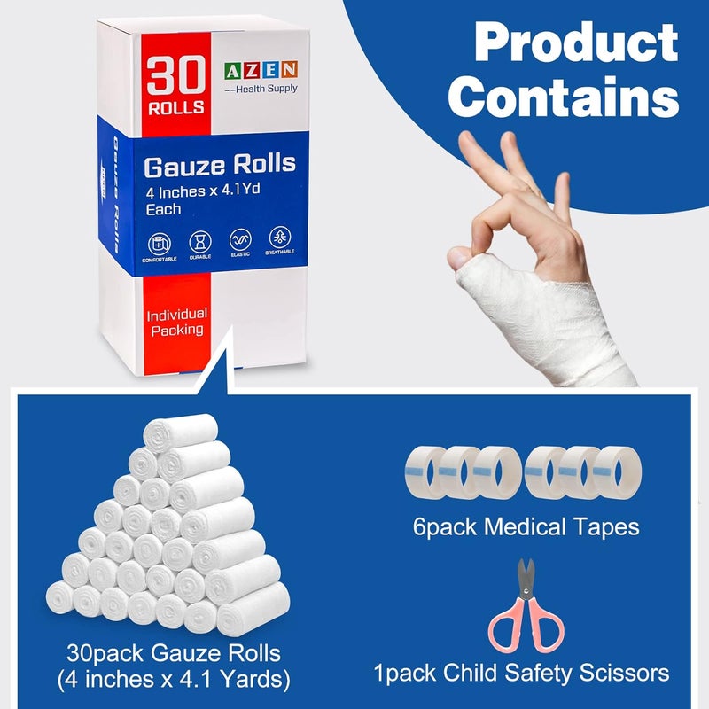 AZEN 30 Pack Gauze Rolls Bandages 4 in x 41 Yards  50 Pack Sterile Gauze Pads 3 x 4 8Ply Cotton Gauzes Sponges for Wound Care and First Aids - Image 2