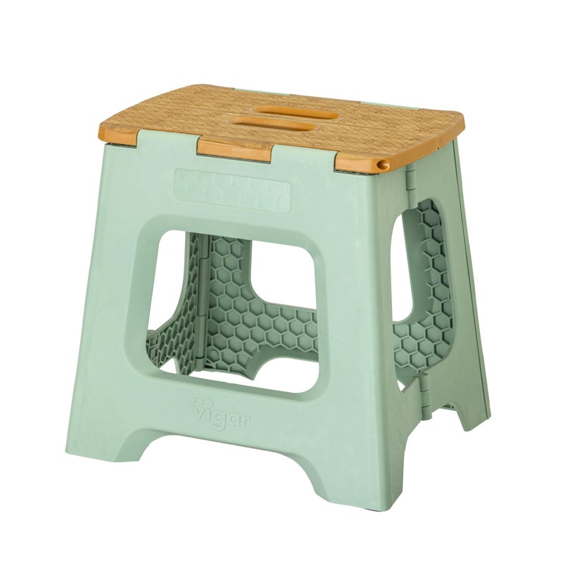 Vigar Compact Step Stool Foldable, 12-1/2-inch Step Stools for Adults up to 330 Pound, Lightweight Stool, Non-Slip Folding Step Stool, Bamboo Print on Top, Vintage Green - Image 1
