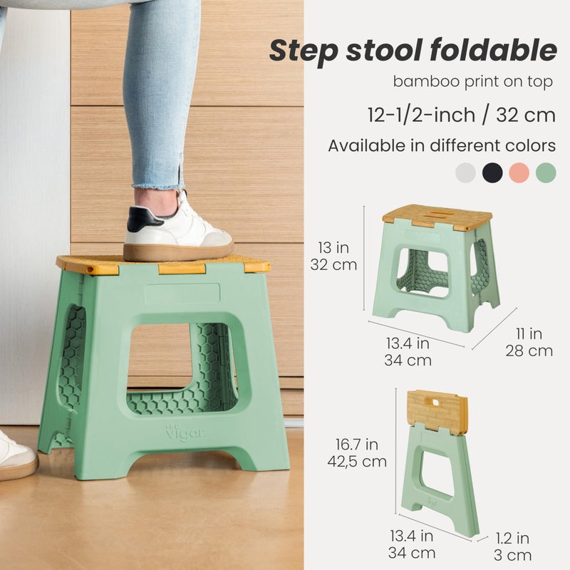 Vigar Compact Step Stool Foldable, 12-1/2-inch Step Stools for Adults up to 330 Pound, Lightweight Stool, Non-Slip Folding Step Stool, Bamboo Print on Top, Vintage Green - Image 2