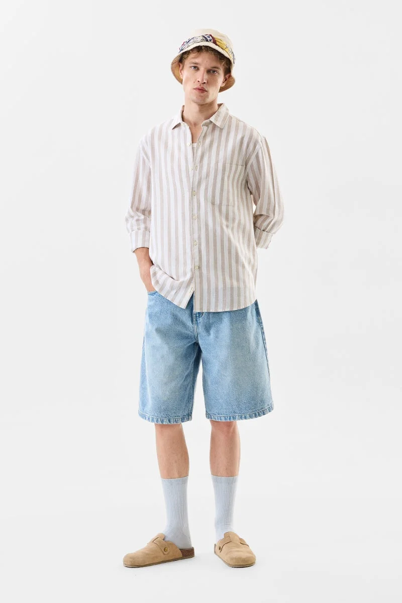 سنيتش Beige Striped Long Sleeve Regular Fit Shirt