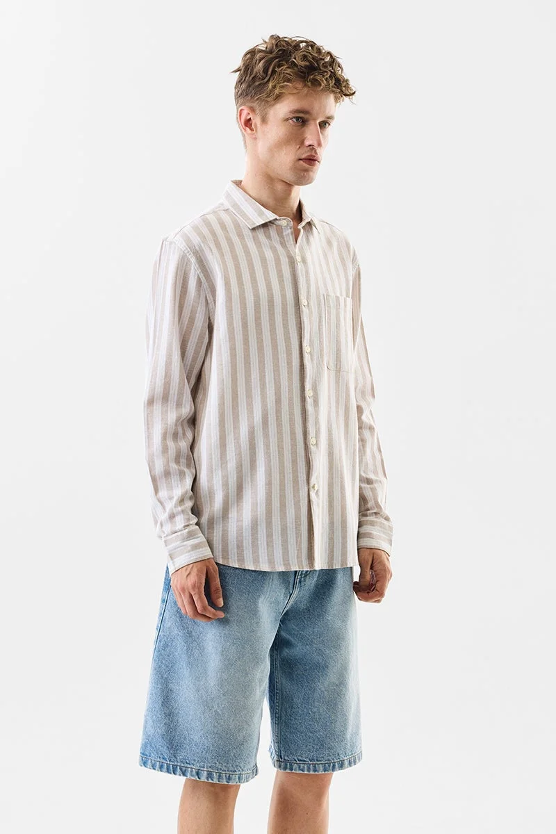 سنيتش Beige Striped Long Sleeve Regular Fit Shirt