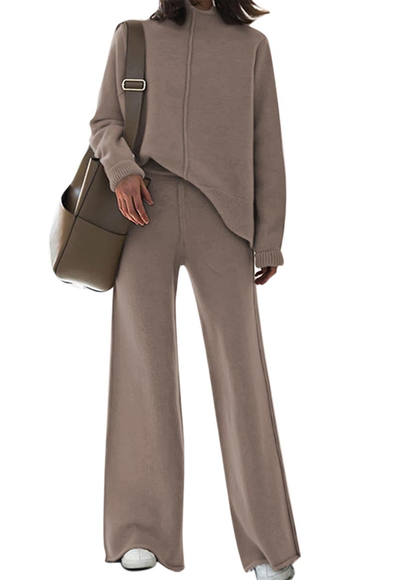 Fixmatti Knitted 2 Pieces Travel Outfits for Women Long Sleeve Top Wide Leg Pants Sweater Suits Sets Khaki M - Image 1