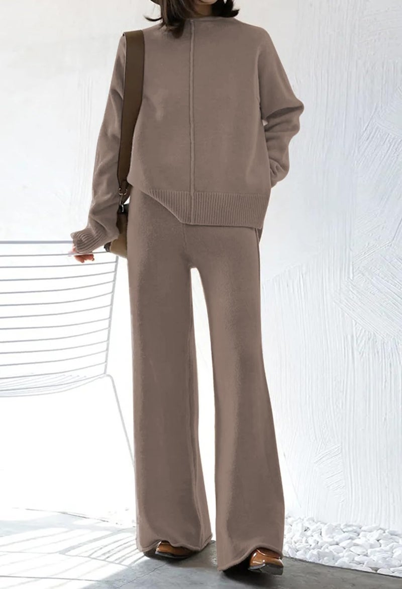 Fixmatti Knitted 2 Pieces Travel Outfits for Women Long Sleeve Top Wide Leg Pants Sweater Suits Sets Khaki M - Image 2