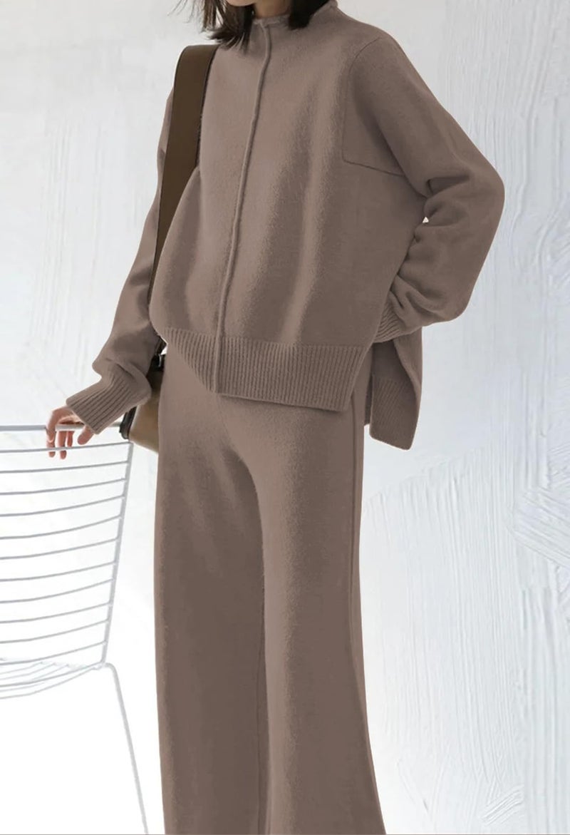 Fixmatti Knitted 2 Pieces Travel Outfits for Women Long Sleeve Top Wide Leg Pants Sweater Suits Sets Khaki M - Image 4