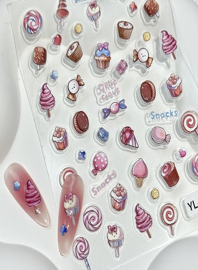 SIMAYKUWA 5D Embossed Dessert Cake Ice Cream Nail Stickers - Candy Lollipop 3D Nail Art Decorations for Manicure A Set of 3 Sheets - Image 5
