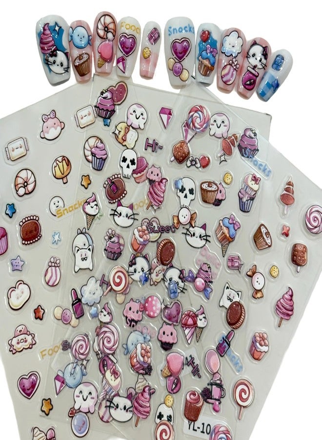 SIMAYKUWA 5D Embossed Dessert Cake Ice Cream Nail Stickers - Candy Lollipop 3D Nail Art Decorations for Manicure A Set of 3 Sheets - Image 1
