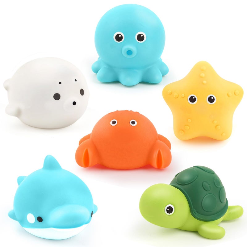 PUPTILY Bath Toys 6 Pack No Hole Baby Bathtub Toys Soft Squeezable & Float on Water Easy-Grip Toddler Bath Toy Set for Kids Ages 1-3 Tub Pool Toys - Image 1