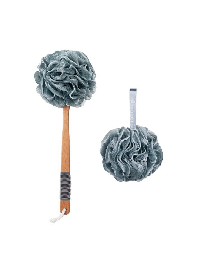 AmazerBath Shower Sponge Loofah Back Scrubber, PE Soft Mesh Loofah Body Scrubber with Long Wooden Handle, Bath Sponge for Men Women (Gray) - Image 1