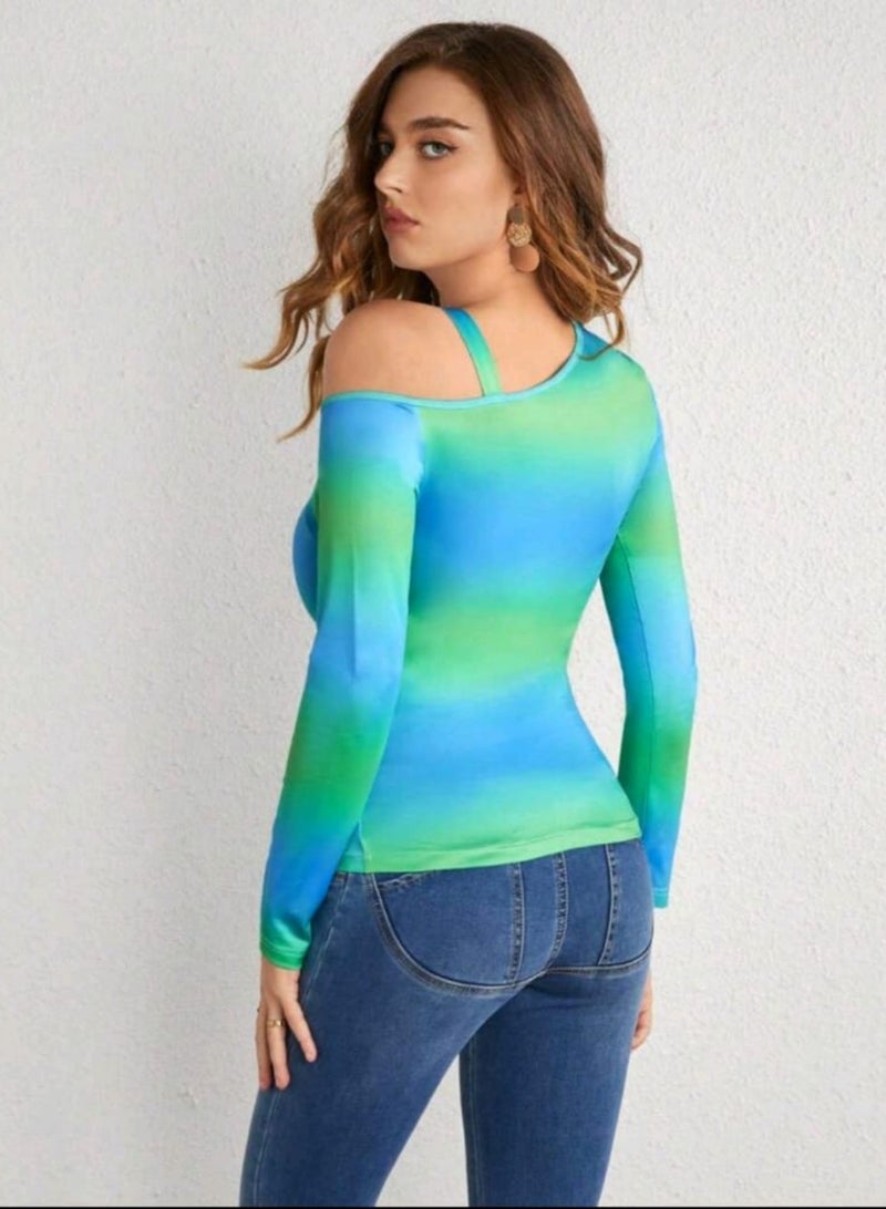 Shein SHEIN Unity Ombre Chain Detail Asymmetrical Neck Tee - Image 4