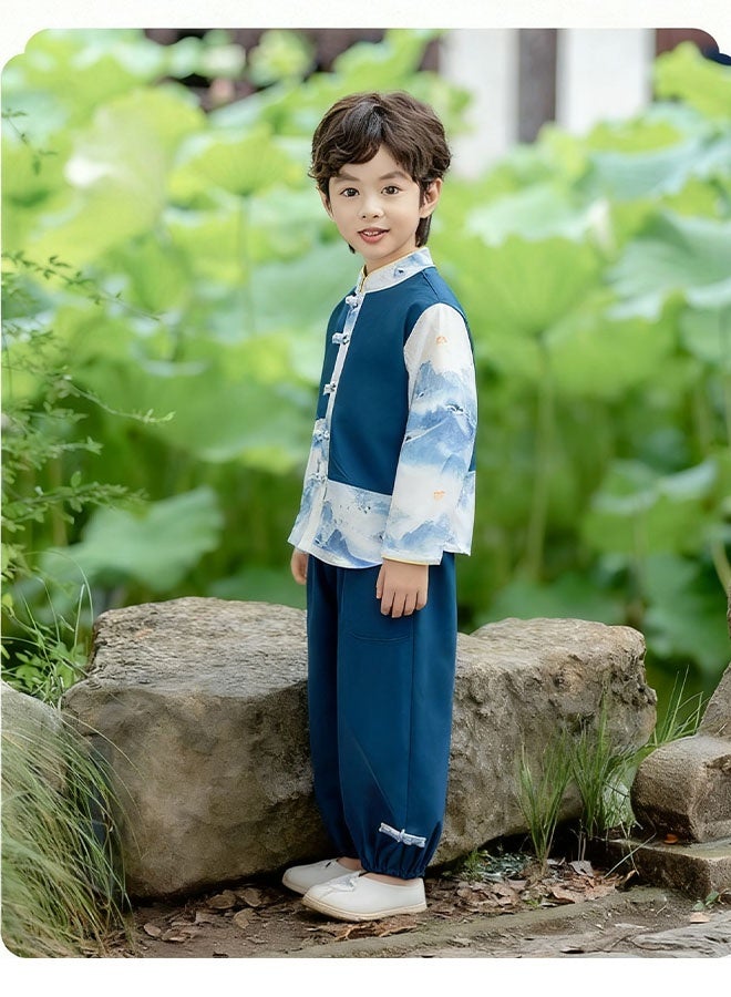 liannaner Boys 2-Piece Chinese Hanfu Costume Set, Traditional Tang Dynasty Scholar Gown for Kids Mid-Autumn Festival Performance, Ancient Poetry Recital Guzhuang Outfit - Image 2