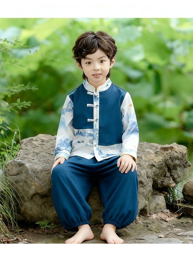 liannaner Boys 2-Piece Chinese Hanfu Costume Set, Traditional Tang Dynasty Scholar Gown for Kids Mid-Autumn Festival Performance, Ancient Poetry Recital Guzhuang Outfit - Image 3