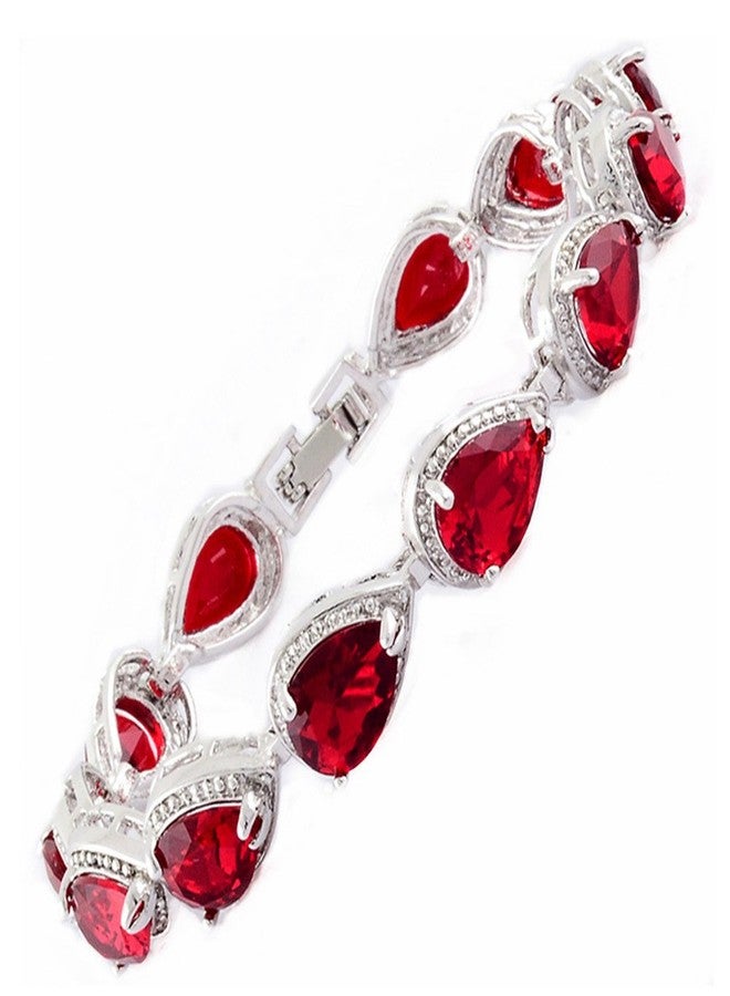 RIZILIA Tennis Bracelet & Pear Cut CZ [Simulated Red Ruby] in White Gold Plated, 7" - Image 1