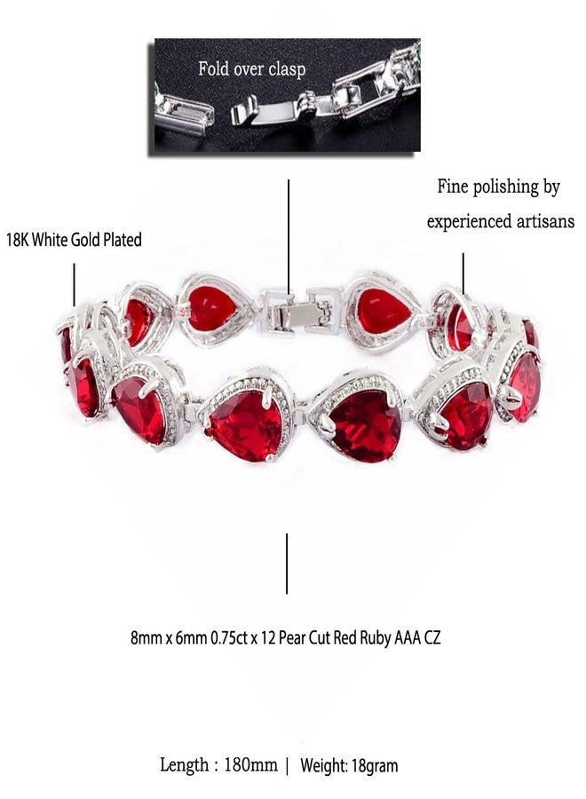 RIZILIA Tennis Bracelet & Pear Cut CZ [Simulated Red Ruby] in White Gold Plated, 7" - Image 2