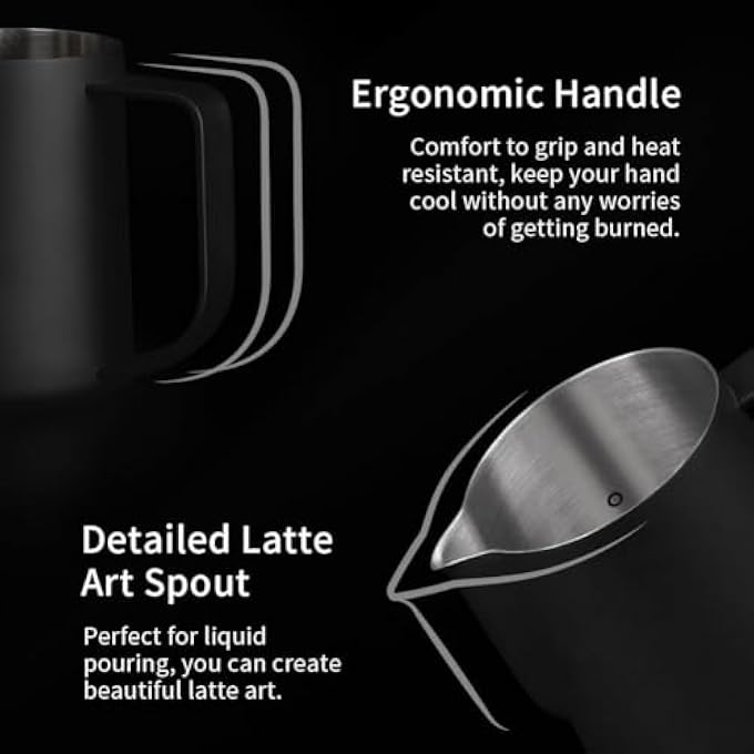 WATCHGET Milk Frothing Pitcher 250Ml8Oz Stainless Steel Espresso Steaming Pitcher Milk Coffee Cappuccino Latte Art Barista Steam Pitcher Milk Frothing Jug Black - Image 5