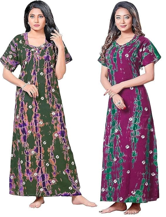 Vlazom Women's Pure Cotton Regular Rajasthani Nighty Rajasthani Gown Jaipuri Nighty Jaipuri Gown Maxi Gown (Pack of 2 pcs) (Green-Purple, Free Size) - Image 1