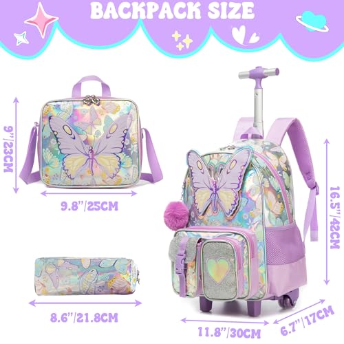 Meetbelify Rolling Backpack for Girls Backpack with Wheels for Elementary Student Kids School Bag with Lunch Box Pencil Case for Girls Ages 6-8 Years Old Purple - Image 2