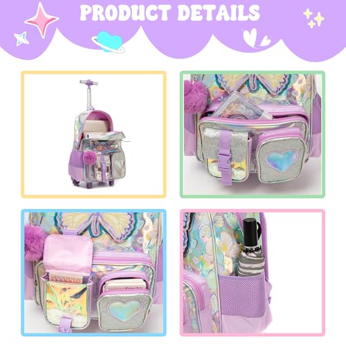 Meetbelify Rolling Backpack for Girls Backpack with Wheels for Elementary Student Kids School Bag with Lunch Box Pencil Case for Girls Ages 6-8 Years Old Purple - Image 4