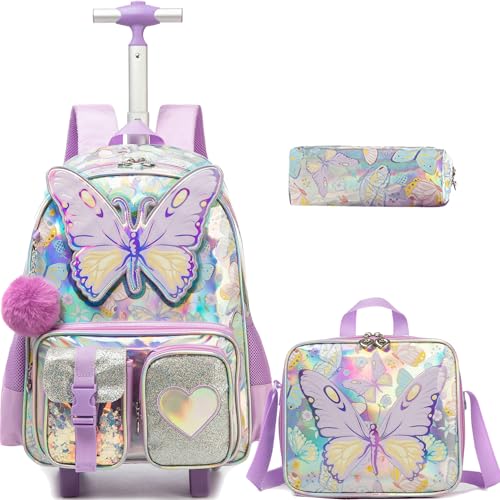 Meetbelify Rolling Backpack for Girls Backpack with Wheels for Elementary Student Kids School Bag with Lunch Box Pencil Case for Girls Ages 6-8 Years Old Purple - Image 1