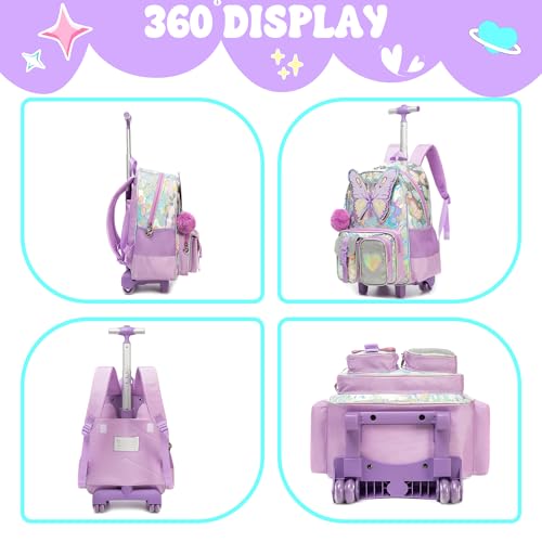 Meetbelify Rolling Backpack for Girls Backpack with Wheels for Elementary Student Kids School Bag with Lunch Box Pencil Case for Girls Ages 6-8 Years Old Purple - Image 3