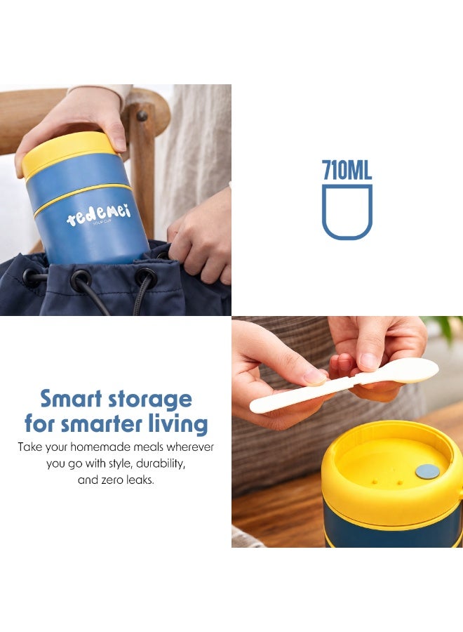 Tedemei Stainless Steel Breakfast Cup 710ml Blue Insulated Food Jar with Lid SS316 Food Grade Steel Leakproof Soup Oatmeal & Lunch Container for Office School & Travel - Image 3