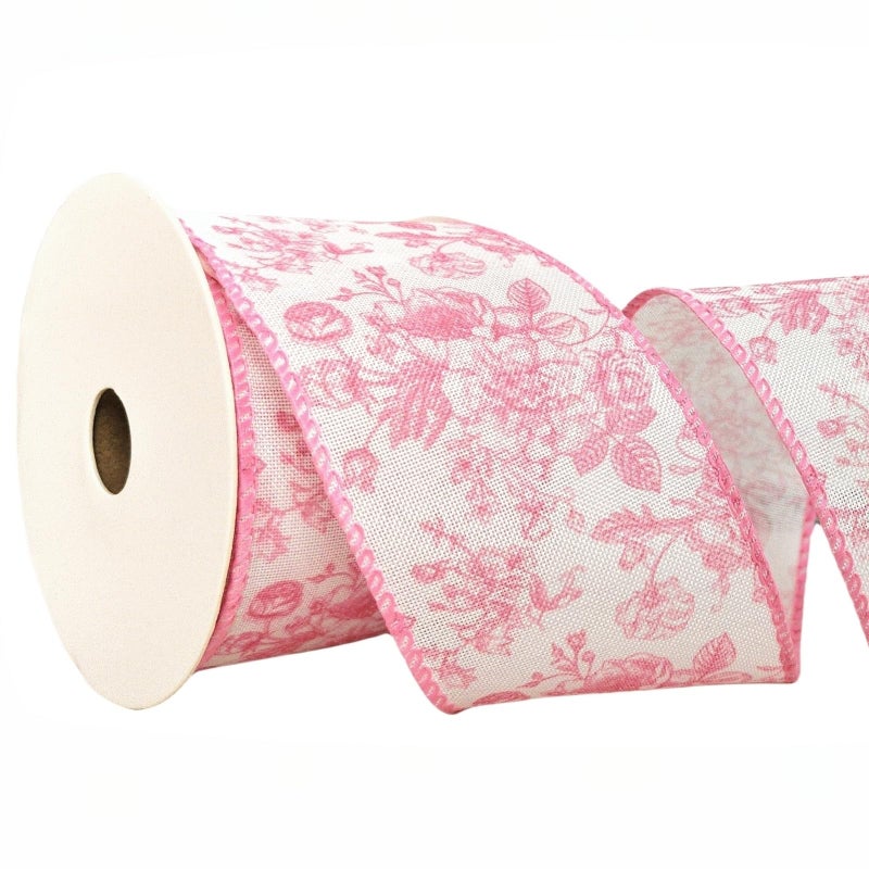 EROMAP Pink Floral Wired Ribbon 2.5 Inch Chinoiserie Vintage Flower Decorative Fabric White and Pink Ribbon for Bow Wreath DIY Crafts, 15 Yards - Image 1