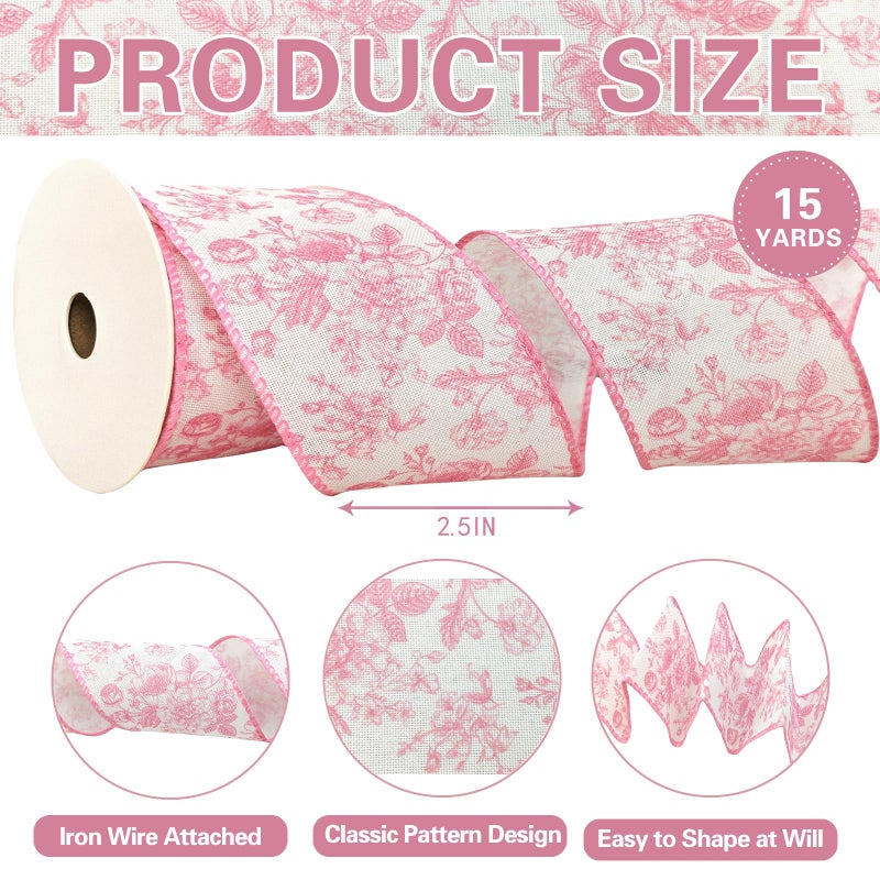 EROMAP Pink Floral Wired Ribbon 2.5 Inch Chinoiserie Vintage Flower Decorative Fabric White and Pink Ribbon for Bow Wreath DIY Crafts, 15 Yards - Image 2