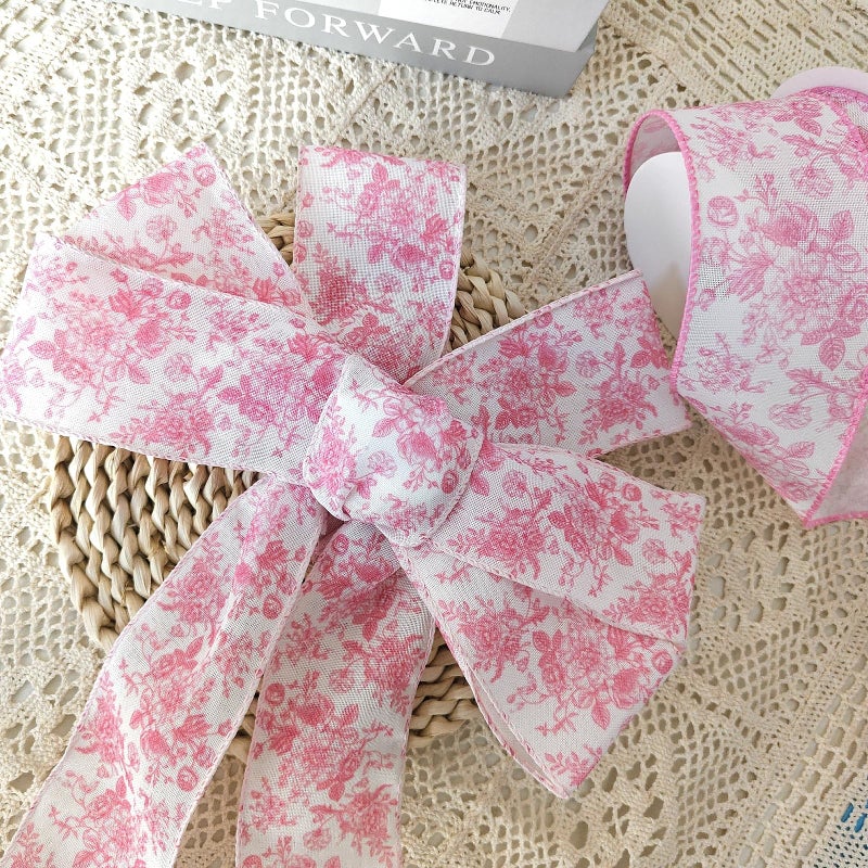 EROMAP Pink Floral Wired Ribbon 2.5 Inch Chinoiserie Vintage Flower Decorative Fabric White and Pink Ribbon for Bow Wreath DIY Crafts, 15 Yards - Image 3