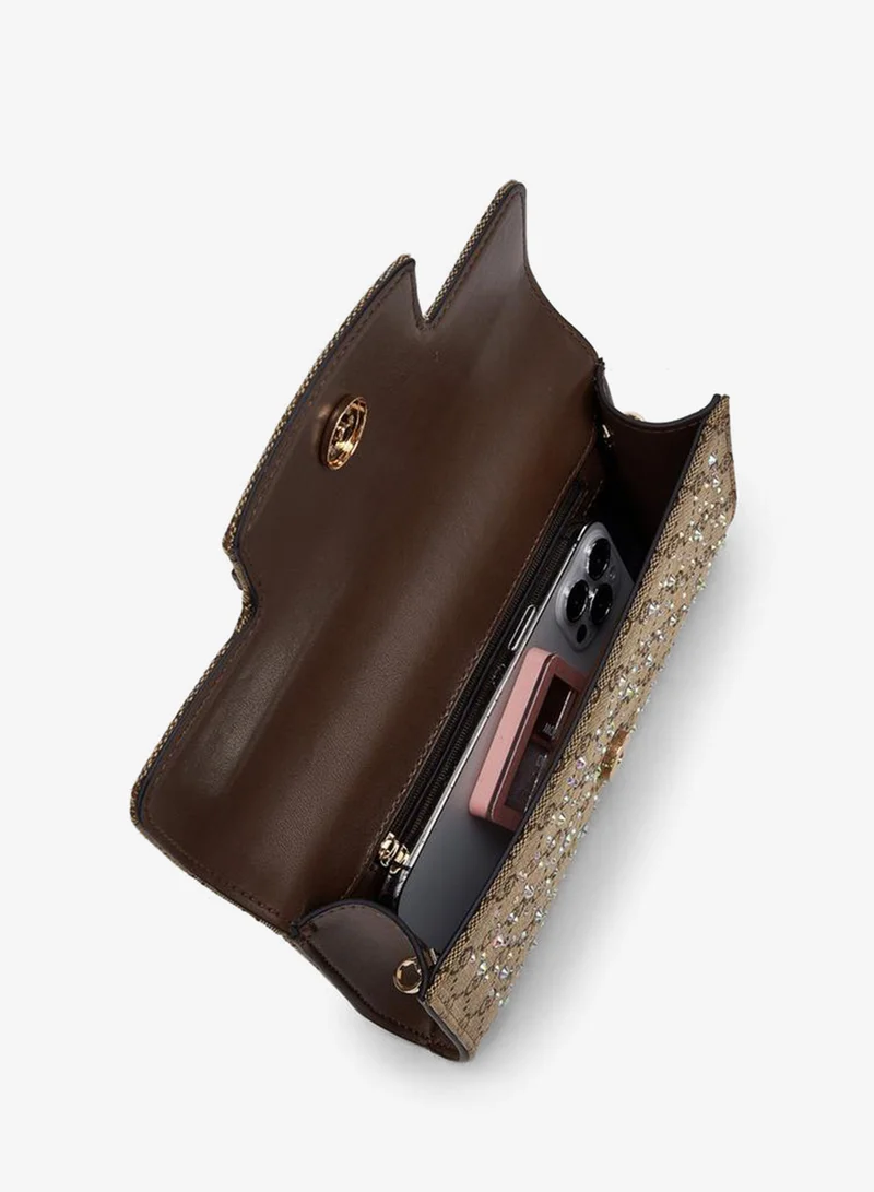Celeste BROWN Monogram Diamante Embellished Crossbody Bag With Chain Strap for Women | Best Price UAE