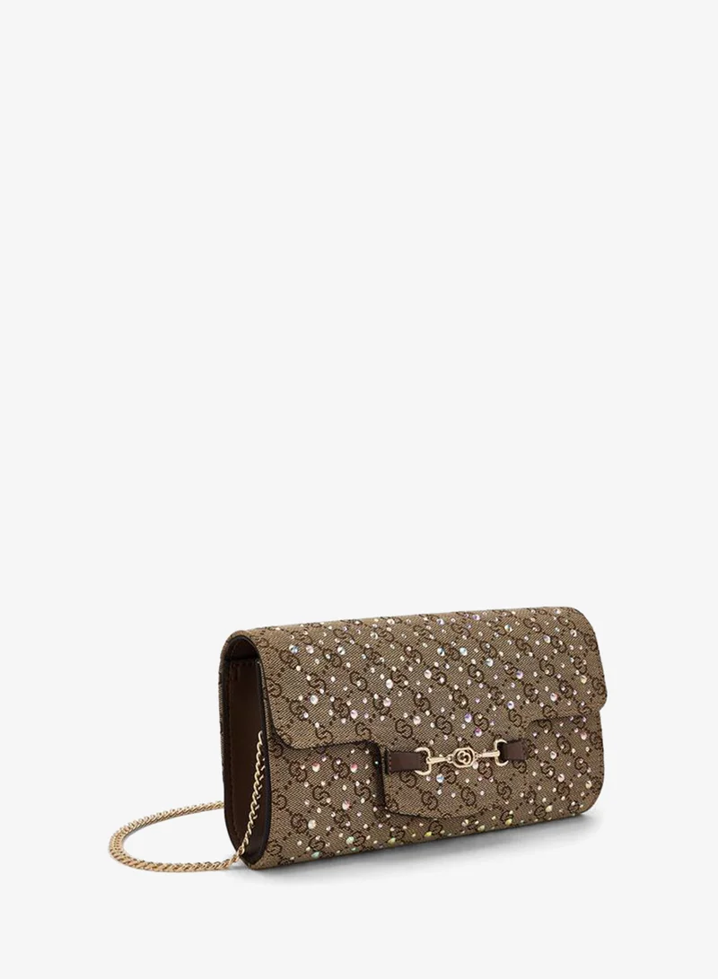 Celeste BROWN Monogram Diamante Embellished Crossbody Bag With Chain Strap for Women | Best Price UAE