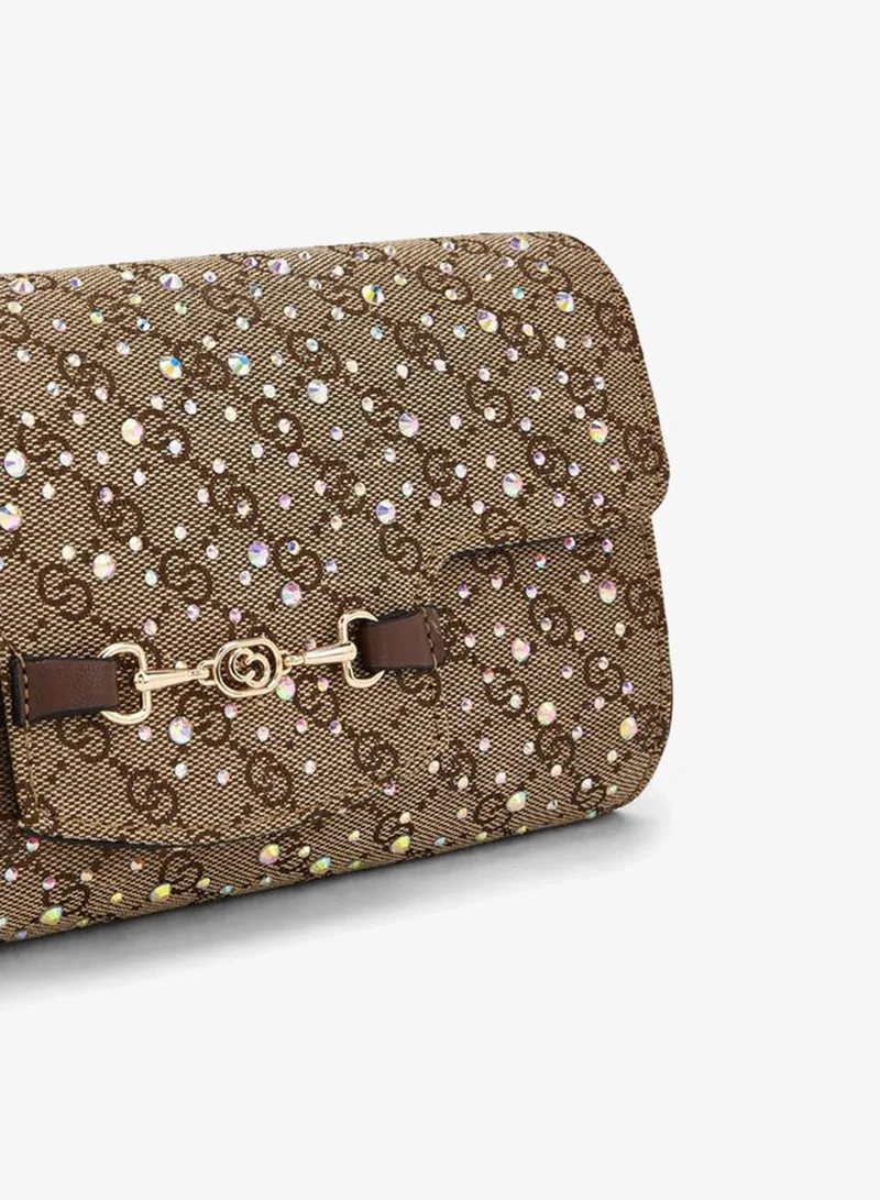 Celeste BROWN Monogram Diamante Embellished Crossbody Bag With Chain Strap for Women | Best Price UAE